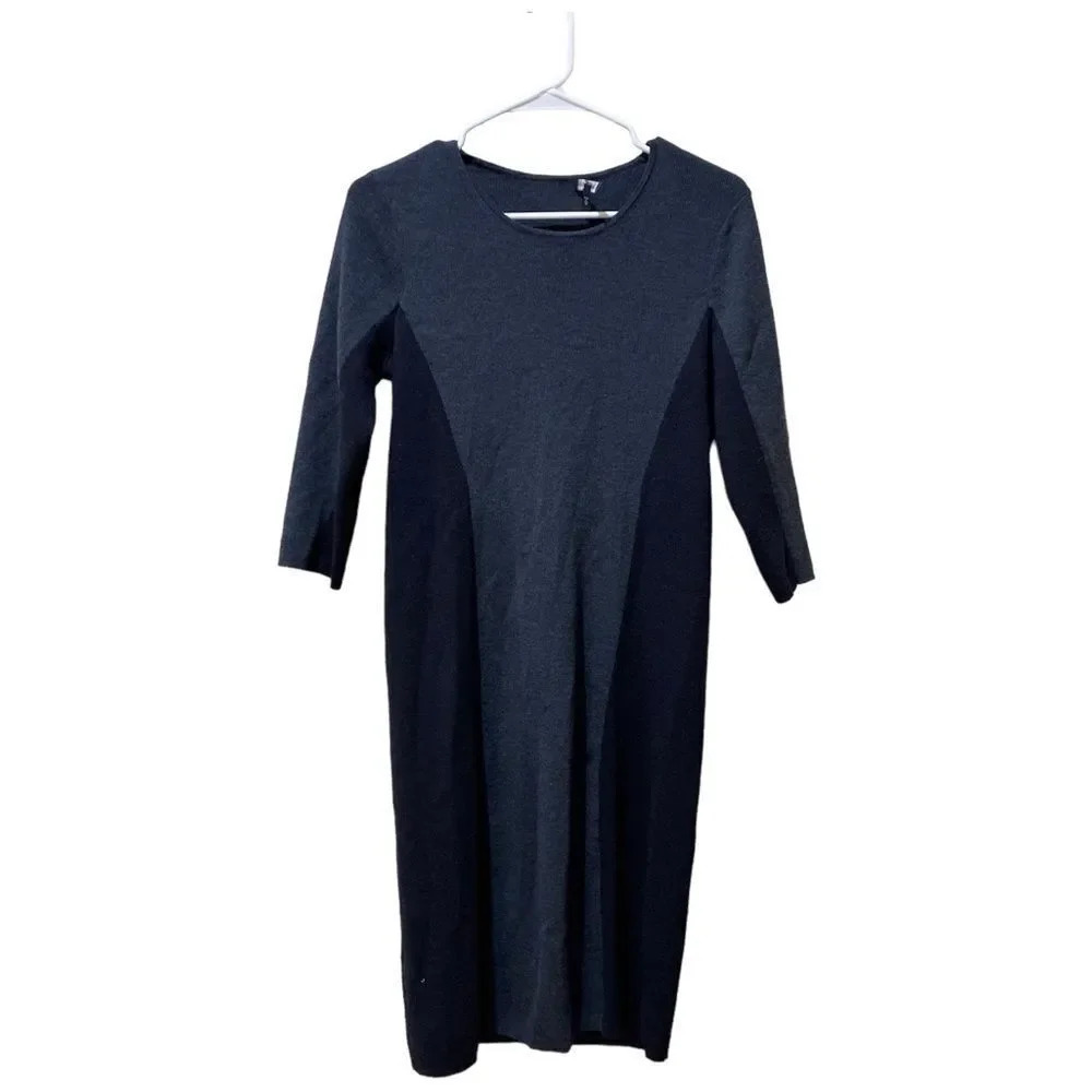 EILEEN FISHER 100% Wool Midi Sweater Dress Gray Black Colorblock Size Small